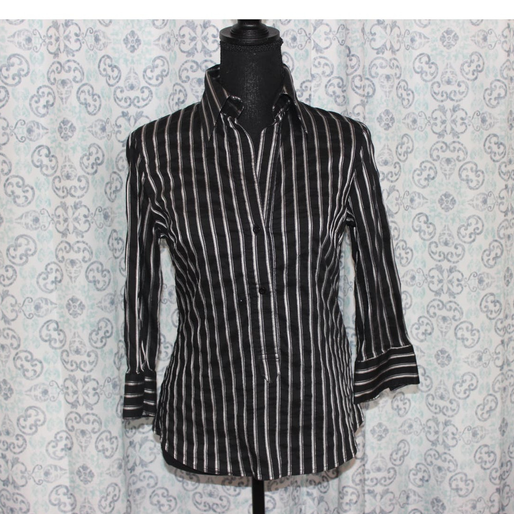 Zara Womens ButtonUp 3/4‎ Sleeve Size Medium Black with Gray Metalic Stripes